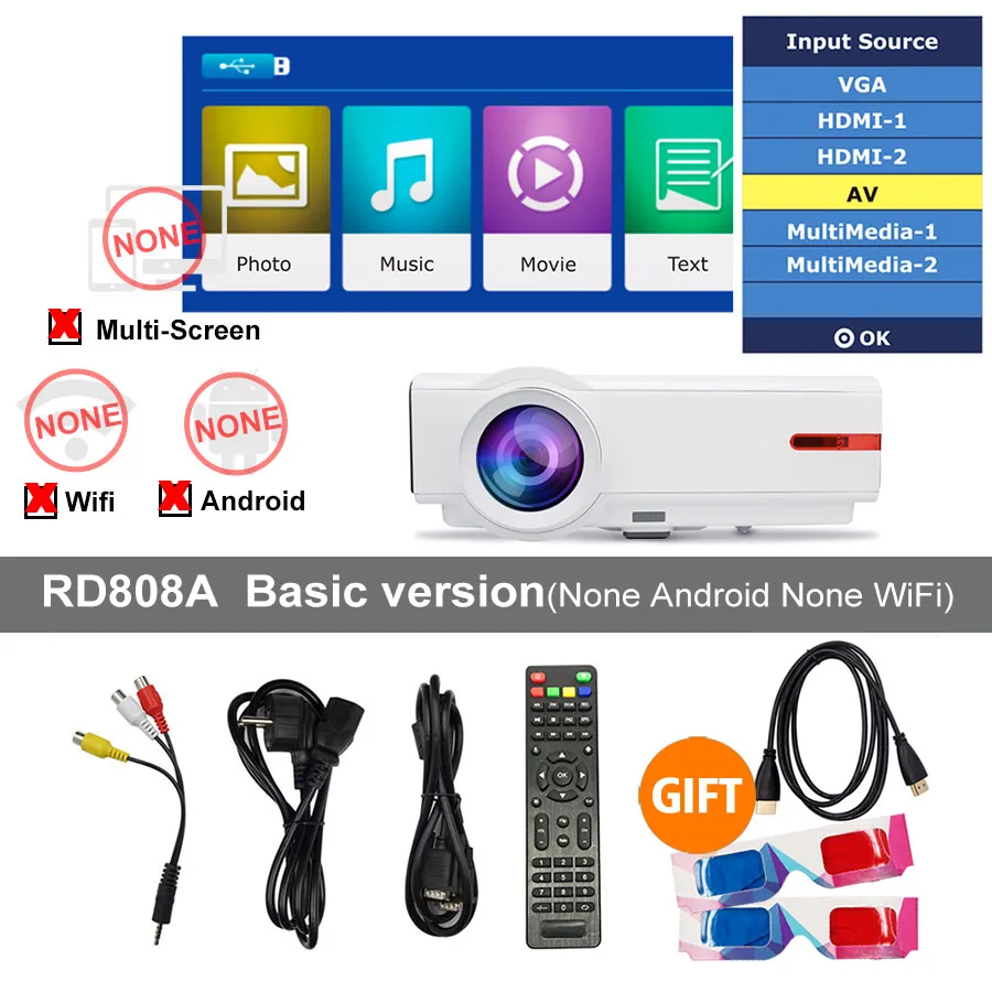 Rigal проектор RD808A 5500 люмен HD проектор светодиодный wifi 6,0 Android 3D проектор RD808 1280*800 lcd HDMI VGA USB tv видео проектор - Цвет: Basic Version