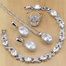 Натуральный 925 пробы серебряные ювелирные изделия Белый CZ Ювелирные наборы для женщин серьги кулон ожерелье кольца браслет подарочная коробка