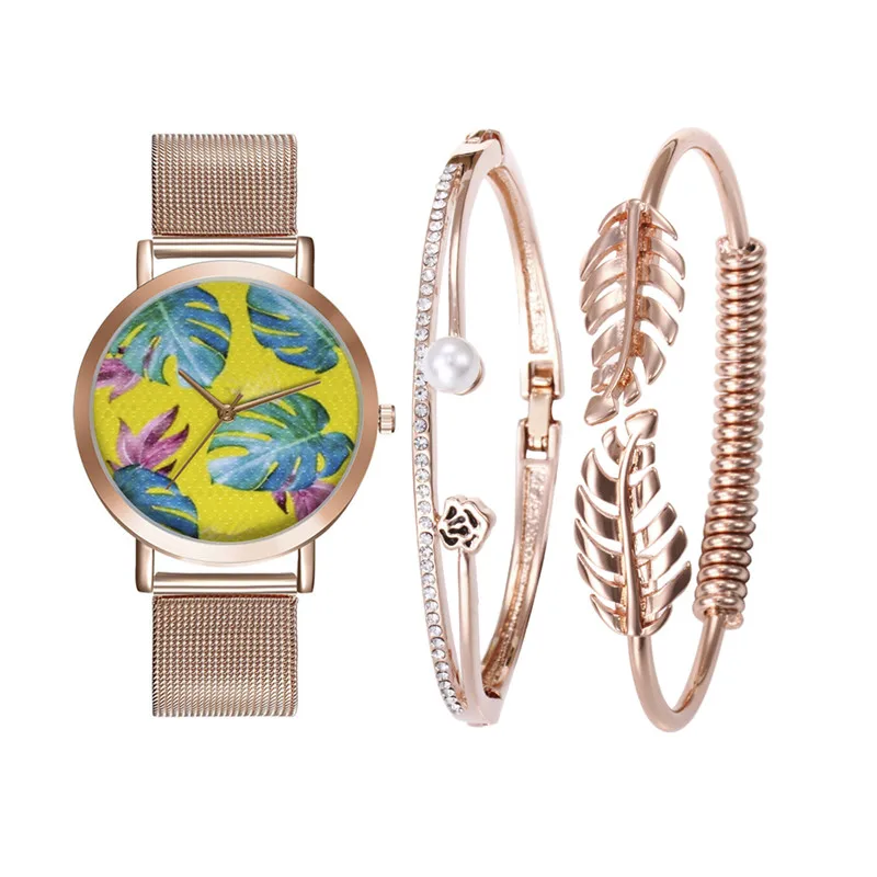 

FUNIQUE Steel Mesh Women Watches Jewelry Set Clock Tropical Leaves Bracelet Minimalism Women's Watch Wristwatch Ladies Bangle