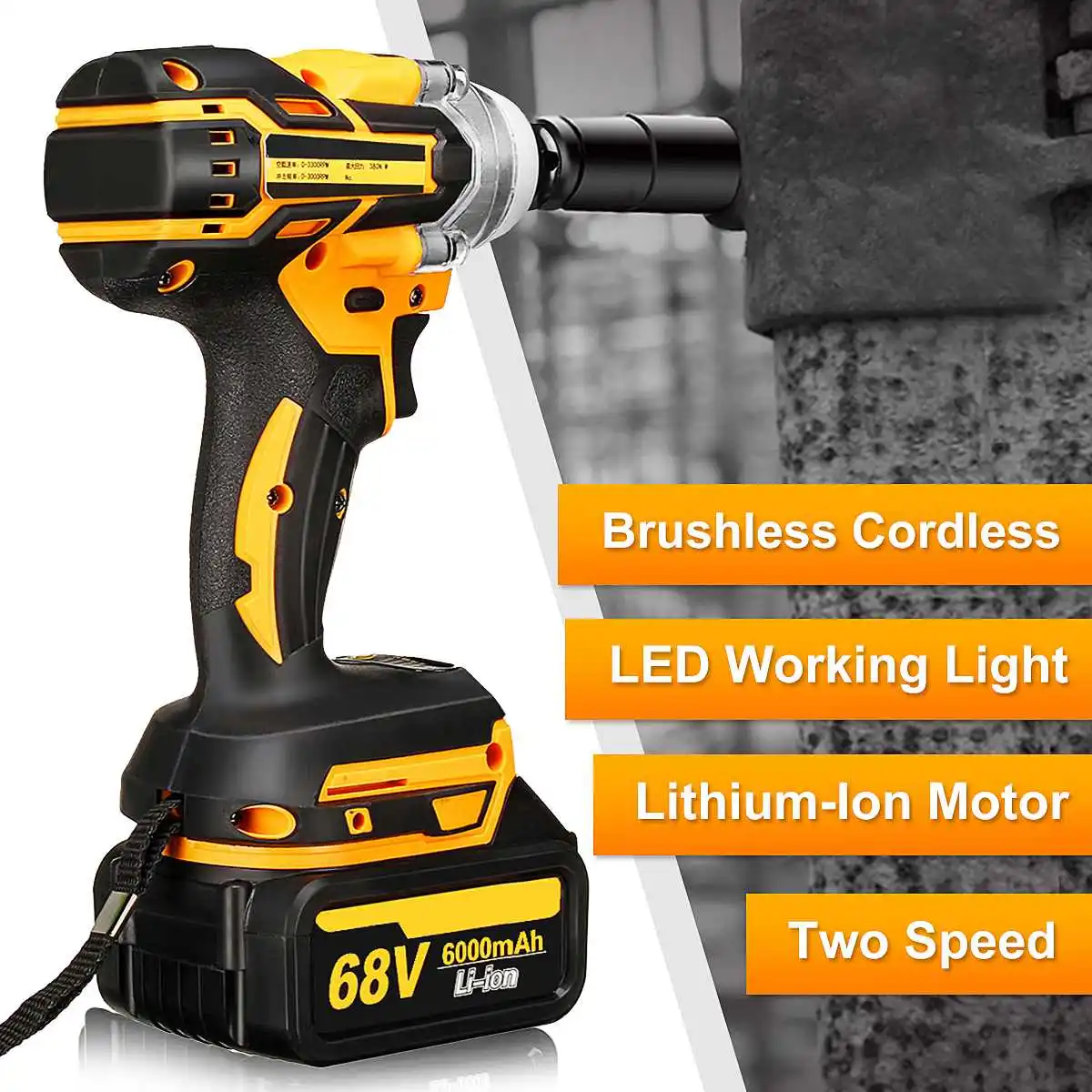 

68V 6000mAh 380Nm Cordless Lithium-Ion Electric Impact Wrench Brushless Motor Variable Speed Rechargeable Electric Impact Drill