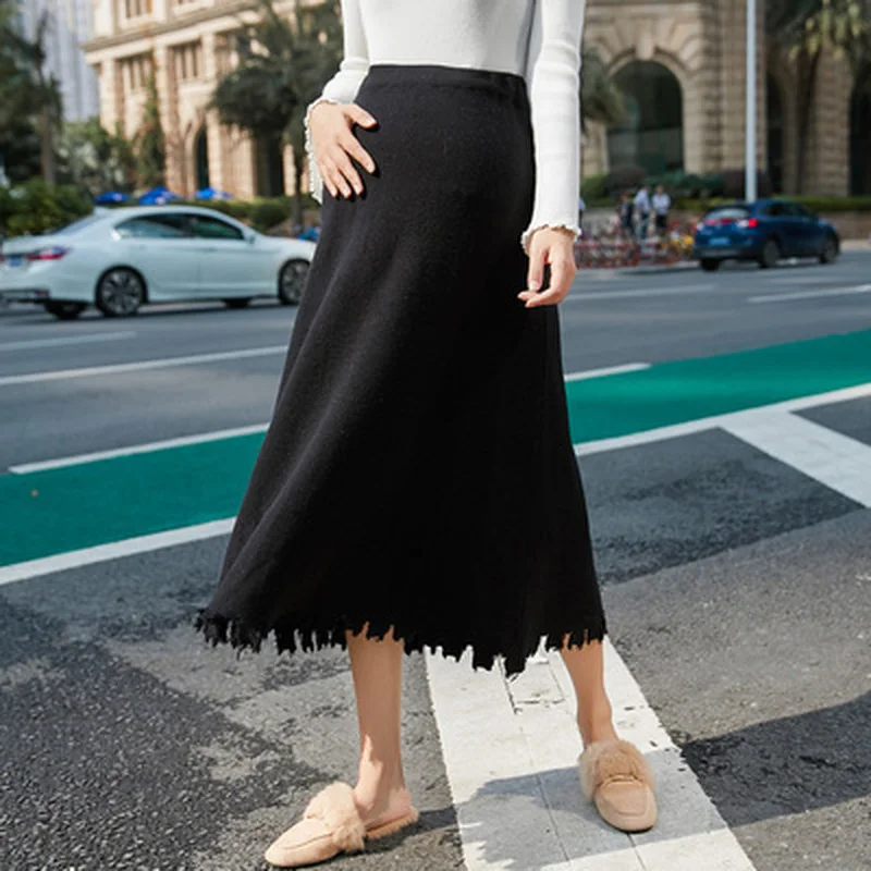 

Korean Fashion Tassel Maternity knitted Skirts Autumn Winter Elastic Waist Belly A Line Pregnancy Skirts for Pregnant Women