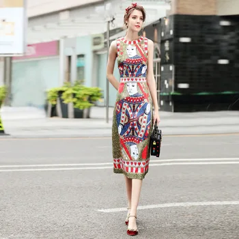 

Europe high quality runway dress spring and summer poker card printing long dress sleeveless ladies dress sleeveless vestidos
