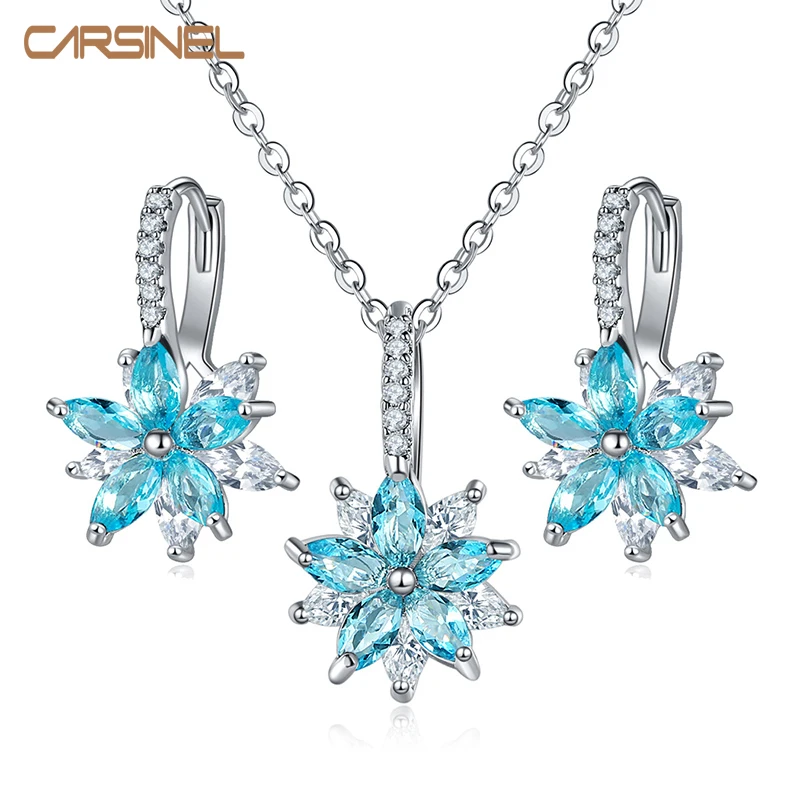 

CARSINEL Brand Sea blue AAA Zircon Necklace&Earrings Jewelry Sets For Women Silver color Flower CZ Anniversary Gift JS0168