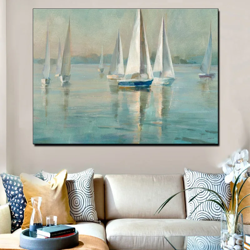 Drop-shipping Modern Wall Art Canvas Seascape Poster Nordic Wall Picture for Living Room Boat Sea Canvas Painting Unframed