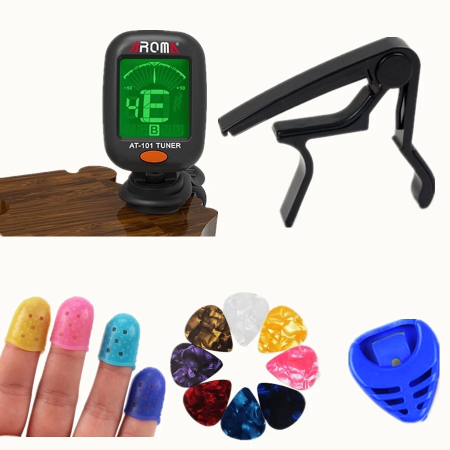 

AROMA Guitar Tuner + guitar Capo + Plectrum Holder + 10 Celluloid Picks Tuning Capotraste Mediator Case Guitar Parts Accessories