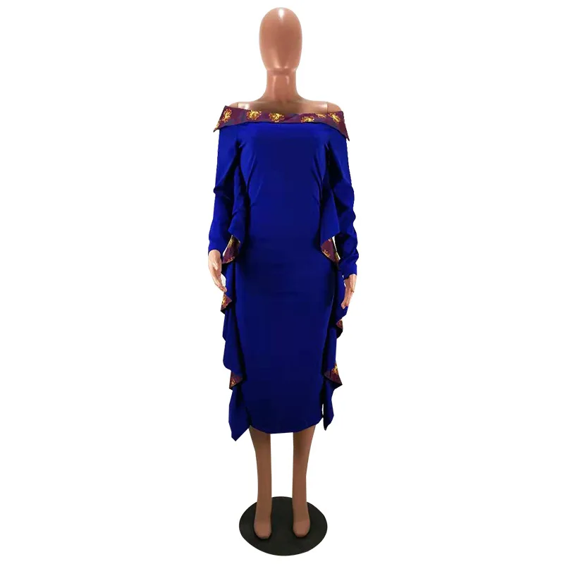 Африканские платья для женщин Новинка года Африканский дизайн Базен с длинным рукавом Дашики платье леди Африка одежда - Цвет: Синий