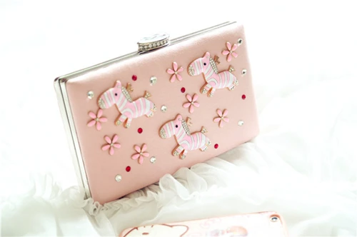 

2016 Fashion Cotton Fabric Pink Color Cute Lovely Cartoon Horses Diamonds Pearl  Flowers Evening Bag Handbag  Free Shipping