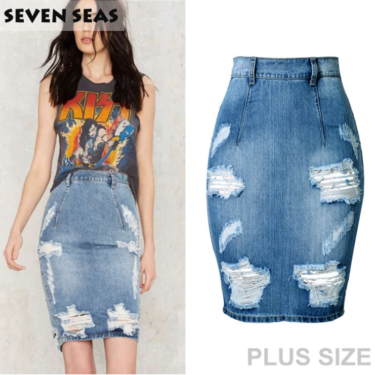 plus size ripped denim skirt