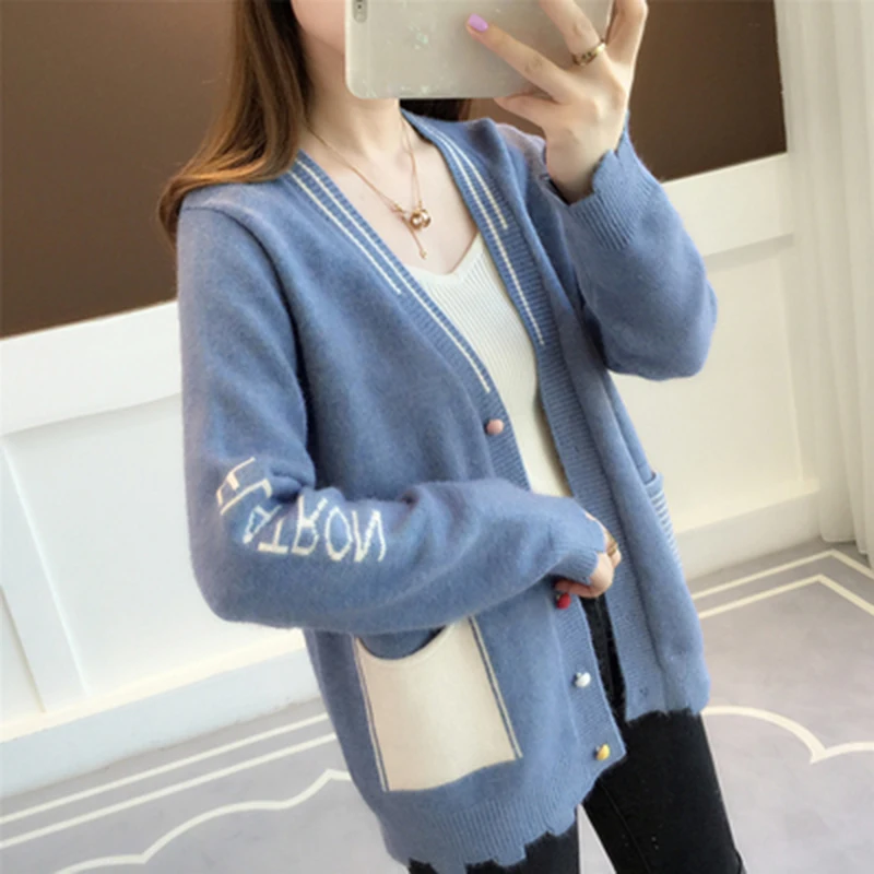 Best  2019 autumn new Korean short paragraph Jacket Female Loose Knitwear Cardigan Coat Long sleeved Fash