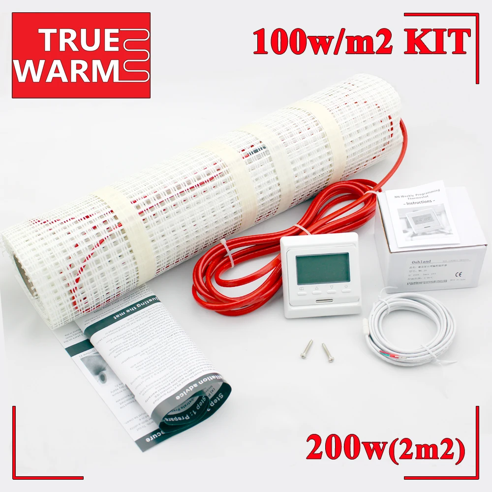 2M2, 200 W, envío gratis Kit de alfombrilla de calefacción eléctrica por suelo radiante con termostato de calor para sistemas de calefacción de suelo, venta al por mayor T100-2.0 2M2, 200 W, envío gratis Kit de alfombrilla de calefacción eléctrica por suelo radiante con termostato de calor para sistemas de calefacción de suelo, venta al por mayor T100-2.0
