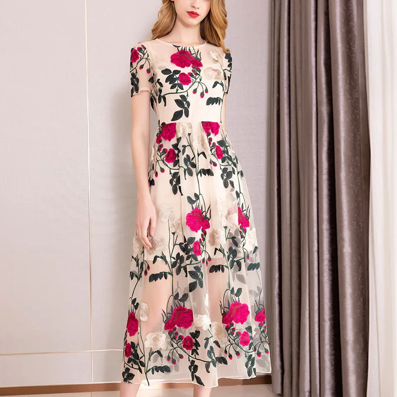 Embroidery Floral Print Long Swing Dress Summer High Quality Ladies Dresses Formal Women Elegant Mesh Holiday Birthday sukienka | Женская