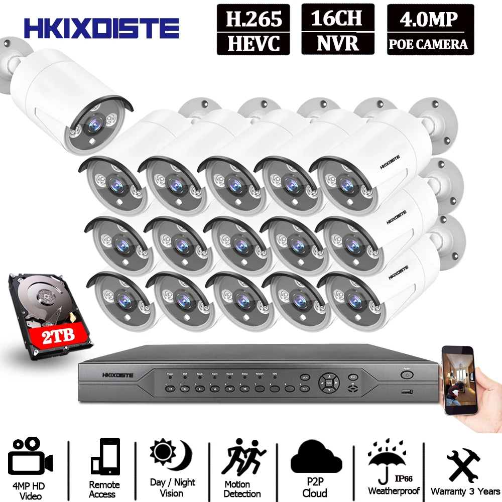  16CH Cámara sistema de seguridad 4K 5MP POE NVR Kit 16 Uds 4.0MP POE IR cámara de circuito cerrado 