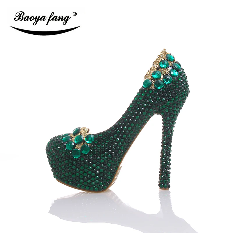 New arrival 2017 Womens Wedding shoes Green crystal high heels platform shoes Real leather insole woman party dress shoes