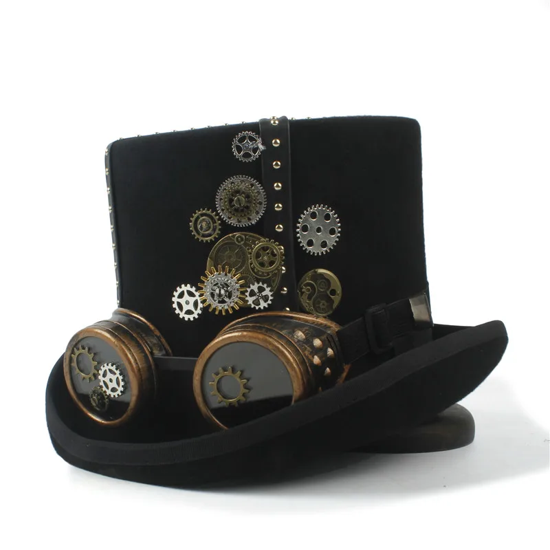 

13.5CM Black Steampunk Top Hat For Women Men Fedora Steam Punk Glasses Gear Millinery Goggles Party Cap Mask Accessory