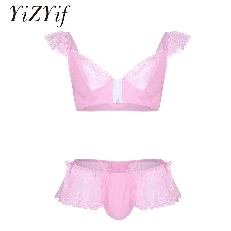 

YiZYiF Mens Sheer Lace Bra and Panty Sissy Lingerie Set Spaghetti Strap Cap Sleeves Bra Top with Bikini Briefs Underwear Set