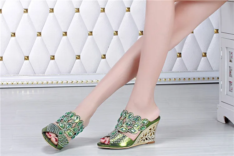 2017 New Green Large Size Open-toe Womens Shoes Leather 40 44 Wedge Heel Slippers Heels Sandals Party & Evening High Quality-1