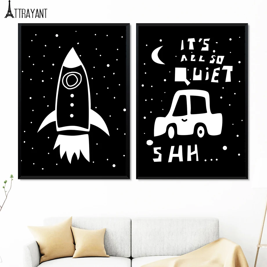 Мультфильм черный белый автомобиль Rocket Eye Moon Wall Art Холст Картина скандинавские