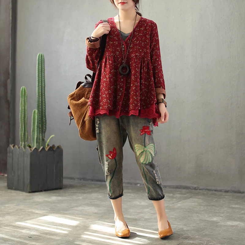 

Irregular 2019 spring Cotton and Line Tees Women Long Sleeve Loose V Neck Soft Tops Wine color Streetwear Shirts Female A0BZ40