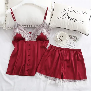 

2020 Summer Women Pajama Pyjama Set Satin Cami+Shorts Home Wear Lace Nightwear Casual 2PCS Sleepwear Pijamas Size M L XL