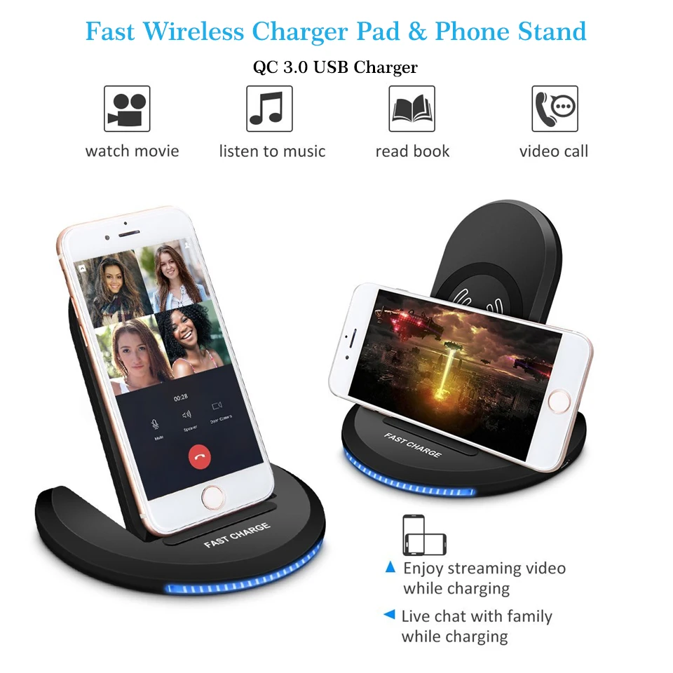 

10W Fast wireless Charger pad for Samsung S9 S8 Note 8 S7 iPhone X 8 Plus qi Wireless Charging Stand Adjustable viewing angle
