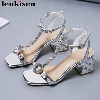 

Lenkisen glitter crystals decoration high heels women sandals peep toe cow leather summer brand fashion buckle strap shoes L62