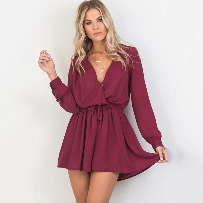 

2019 New Summer Jumpsuit Women Rompers Sexy Bodysuit V-neck Playsuit Long Sleeve Chiffon Playsuit Ladies Jumpsuit