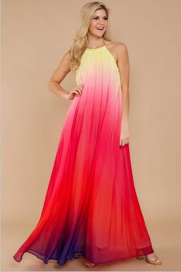 

tonlinker 2018 new women maxi chiffon dresses summer beach sleeveless loose gradient color print sexy vintage dresses