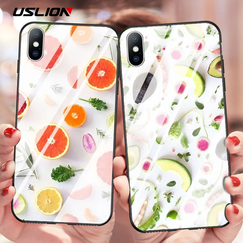 

USLION Tempered Glass Phone Cases For iPhone XS Max XR XS X 6 6S 7 8 Plus Cases Summer Fruit Orange Cherry Back Cover Fundas