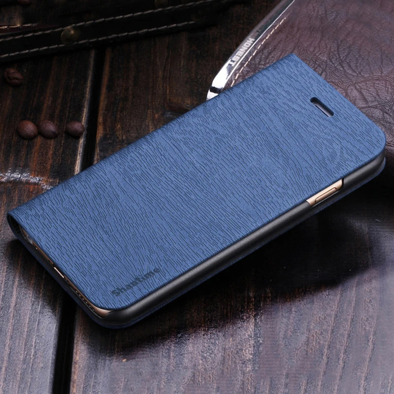 Чехол для телефона из искусственной кожи с деревянным лицевым покрытием для Nokia 7,1, чехол-книжка для Nokia 7,1, чехол-кошелек в деловом стиле, Мягкая силиконовая задняя крышка - Цвет: Blue