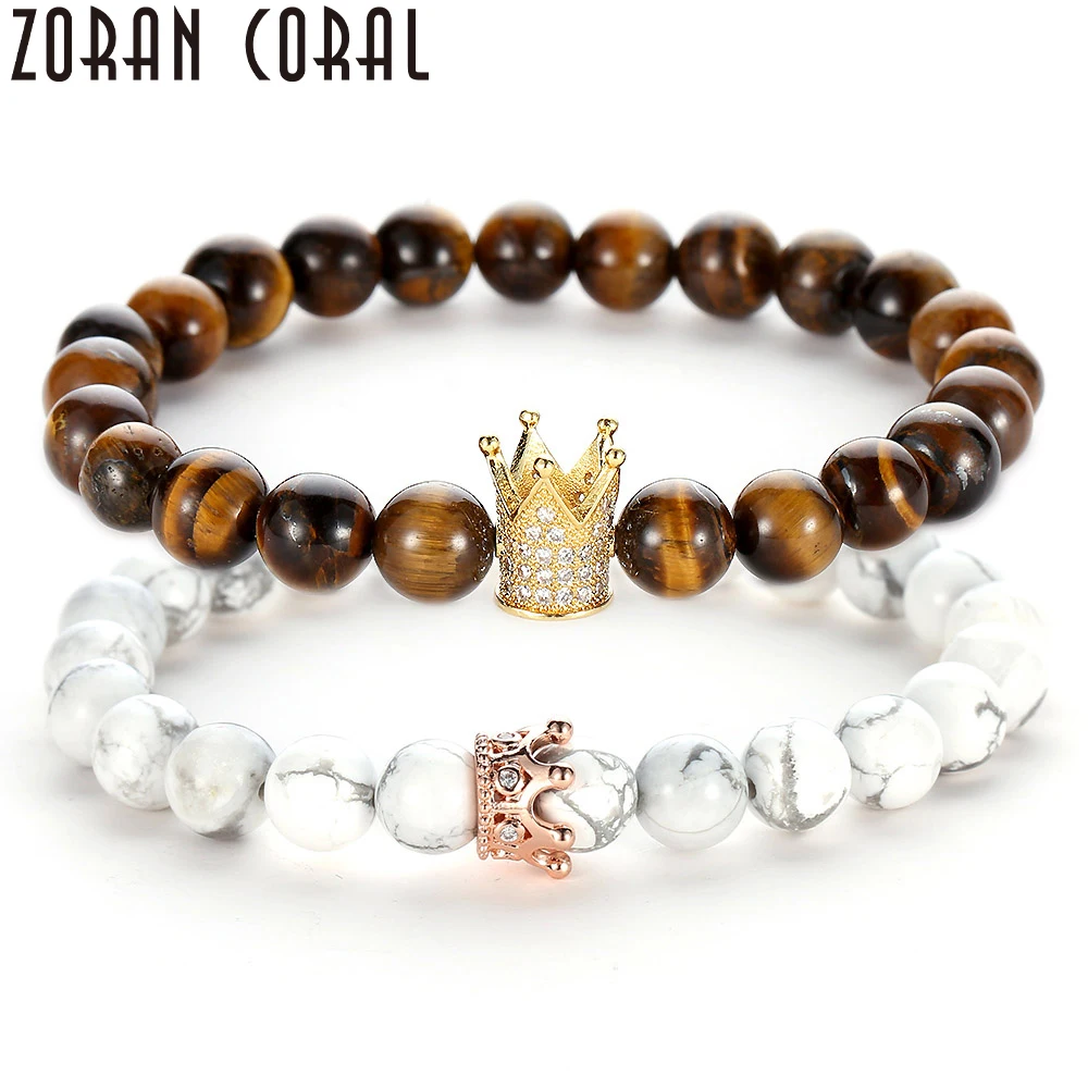 

Fashion Valentine's Day Couple His And Hers Bracelets Distance Tiger Eye & White Beads Cz Crown King Charm Stone Bracelet Lovers