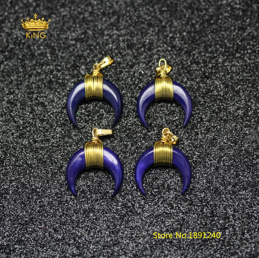

10pcs/lot Horn Shell Fashion Pendant Jewelry,Lapis Blue Shell Wire Wrapped Crescent Shell Plated Gold Copper Charm Necklace GH67