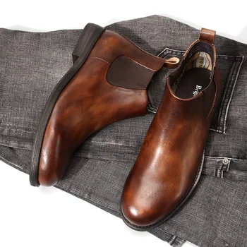 

2017 British men's casual fashion boots Martin boots brown/black cowhide leather fashion Chelsea short men's ankle booties