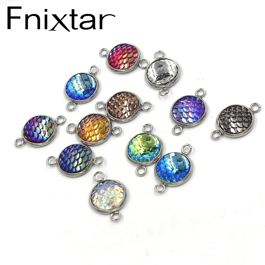 

Fnixtar Stainless Steel Mermaid Fish Scale Charm Colorful Faux Druzy Cabochon Resin Round Connector Charms 12mm 100piece/lot