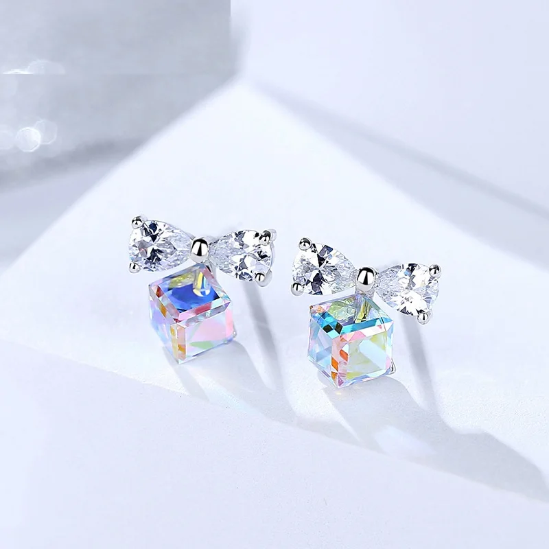 

Genuine 925 sterling silver drop earrings Female Fashion Sweet Colored Cubic Crystal Butterfly Knot earrings for women Wholesale