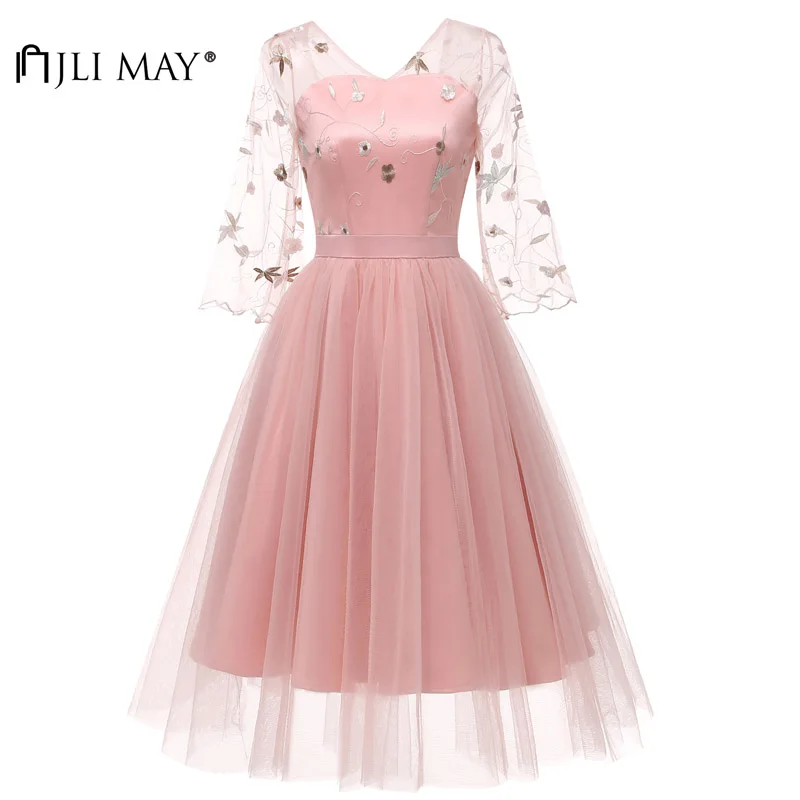 

JLI MAY Vintage 3 Layer Mesh Tutu Dress Party Evening Embroidery Women Midi Flare Sleeve Plain V-Neck Formal Wedding Elegant