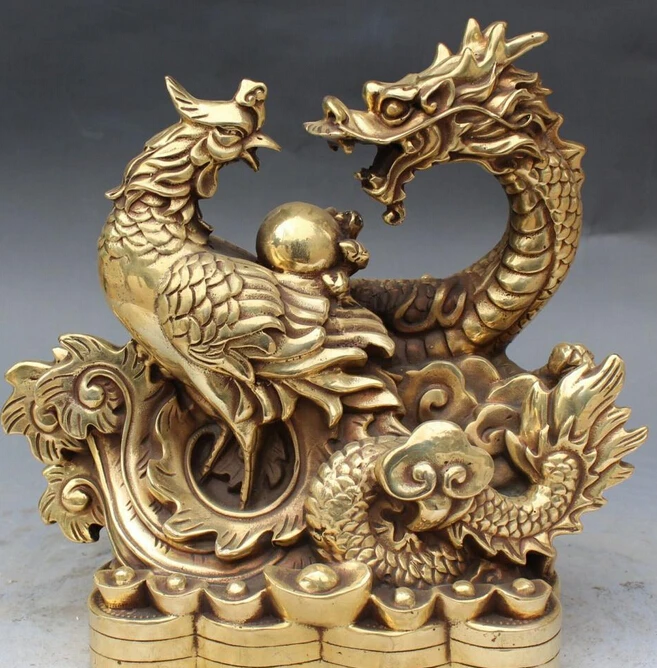 

bi003011 12" Marked China Bronze Wealth Yuanbao Dragon Phoenix Play Ball Statue Sculpture