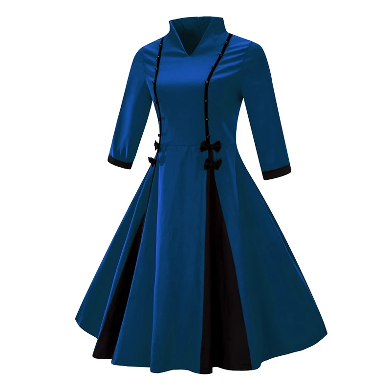 Kostlich 2017 New Autumn Dress Women V-Neck Long Sleeve Hepburn 50s Vintage Dress Patchwork Bow Style Party Dresses Plus Size (18)