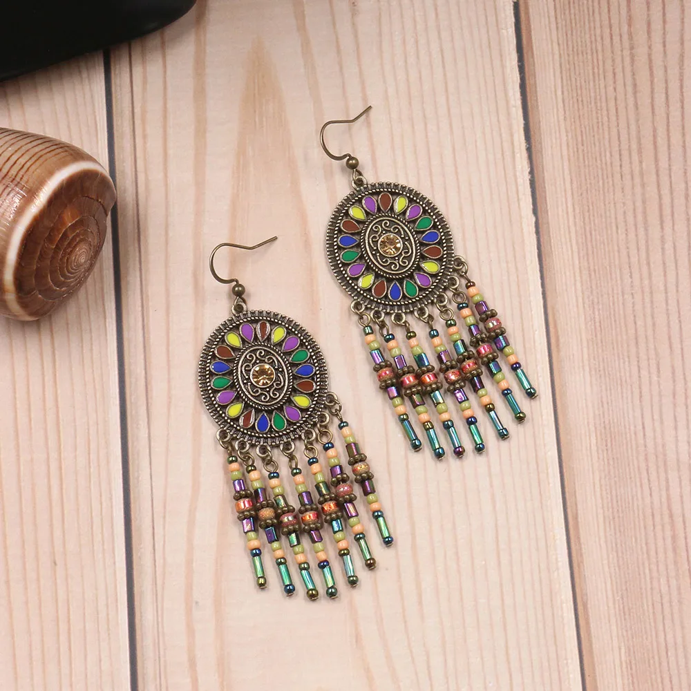 

New fashion exaggerated seven-color rice beads alloy geometric circular pendant earrings for ladies for the women earrings