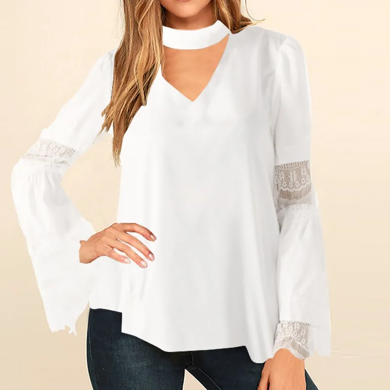 ZANZEA Plus Size Women Blouse Autumn Ladies Long Flare Sleeve Hollow Out V Neck Choker Keyhole Pullover Blouse Solid Sexy Shirt