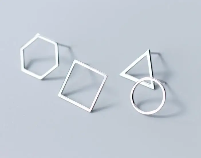 

1pair 100% Real. 925 Sterling Silver Fine Jewelry Big Open hexagon /Square /Triangle Geometric Shape Stud Earrings gtle2065