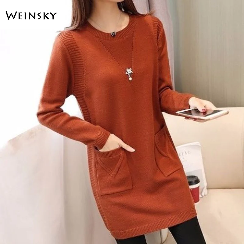 

Women Knitted Sweater And Pullovers O-Neck Korean Fashion Style Long Sweaters Winter And Autumn 2019 New Solid Sweater