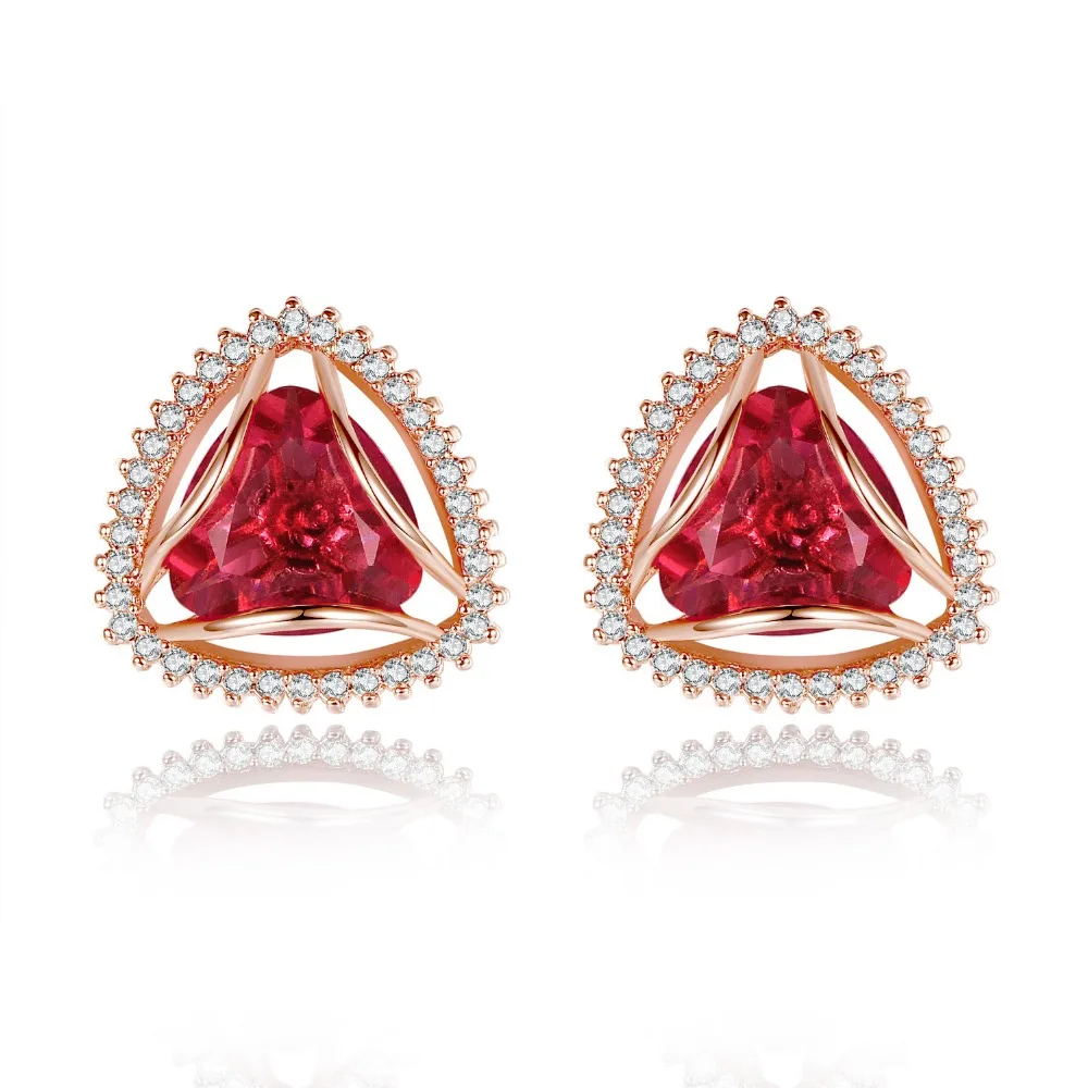 Red Ruby Color Crystal Stud Earrings Gold Plated with Cubic Zirconia