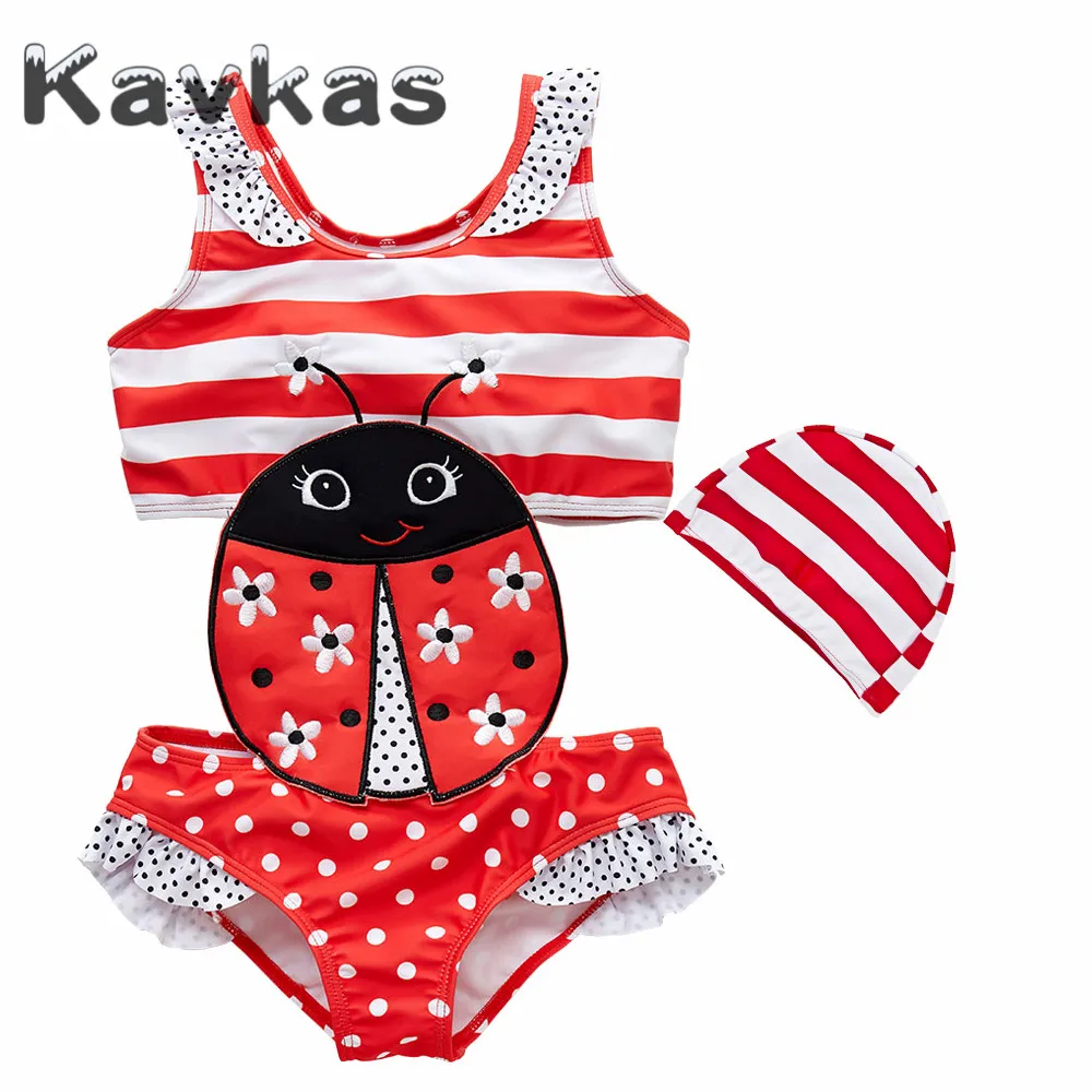 

2019 Summer Baby Swimwear One Pieces With Swimming Cap Cartoon Ladybug Decoration Elastic Girls Swimsuit bebes Clothing