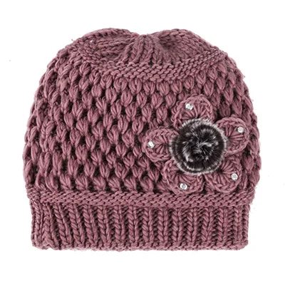 Теплые зимние шапки для женщин, вязаная шапочка-бини с цветочным узором, женская шапка s, плетеные шляпы Gorros, женская шапка, шапка для мамы, шапка Skullies - Цвет: Pink