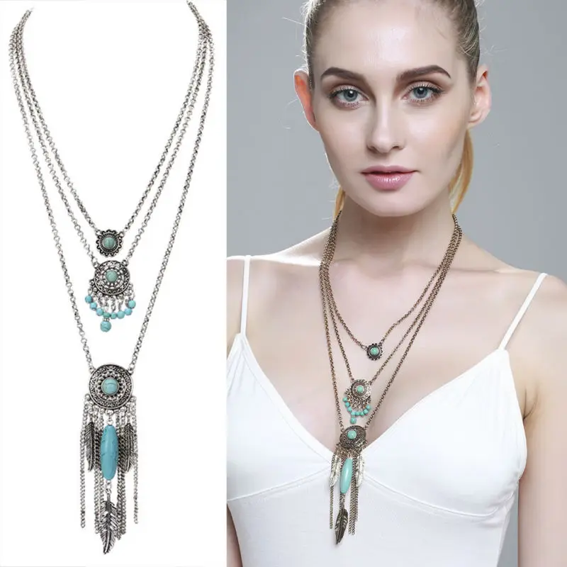 

Women Boho Antique Silver 3 Layered Dream Catcher Leaves Feather Charm Tassel Necklaces Round Blue Stone Beads Necklace