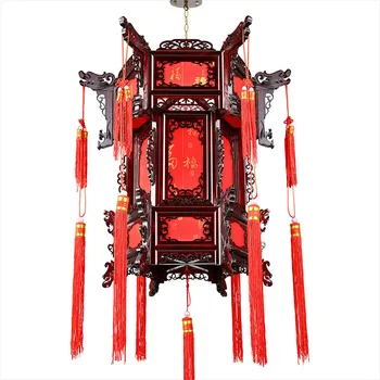 

Pendant Light Red Solid Wood Palace Pendant Lamp Balcony Hexagonal Red Lanterns Antique hang Lamp Luminaria for Indoor Lighting