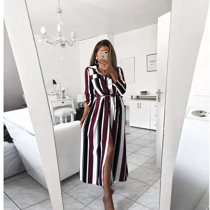 

NORMOV Summer Women Dress Fashion Striped Print Patchwork With Button Fly Sashes Five Quarter Sleeve Polyester Bandage Dress