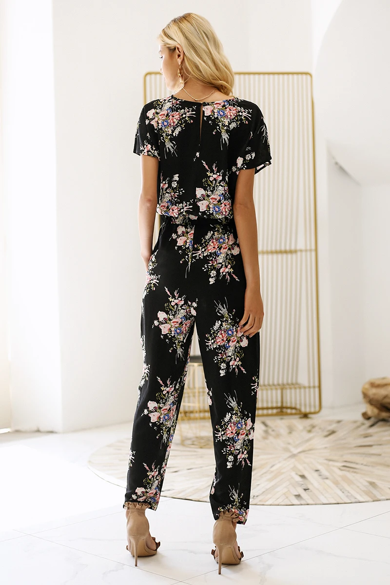 Vintage Floral Print Boho V Neck Short Sleeve Loose Sash Jumpsuit