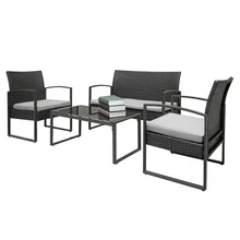4pcs Arm Chairs Love Seat Tempered Glass Coffee Table Rattan Sofa Set