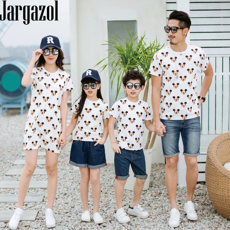 

Jargazol Matching Couple Outfits Mickey Shirt Mom Nursing Dress Baby Rompers Mother and Daughter Clothes Dad Son Family Look